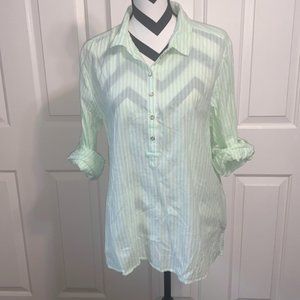 TOMMY HILFIGER Green & White Striped Half Button Top